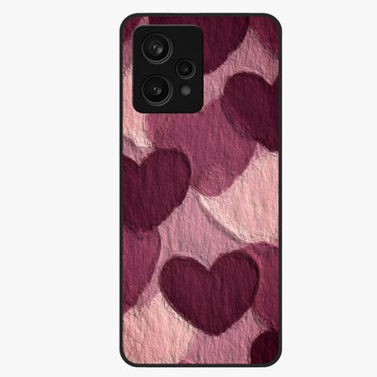 Layered Paper Hearts Glass Case showing flat back view with layered paper heart artwork and glossy glass finish.