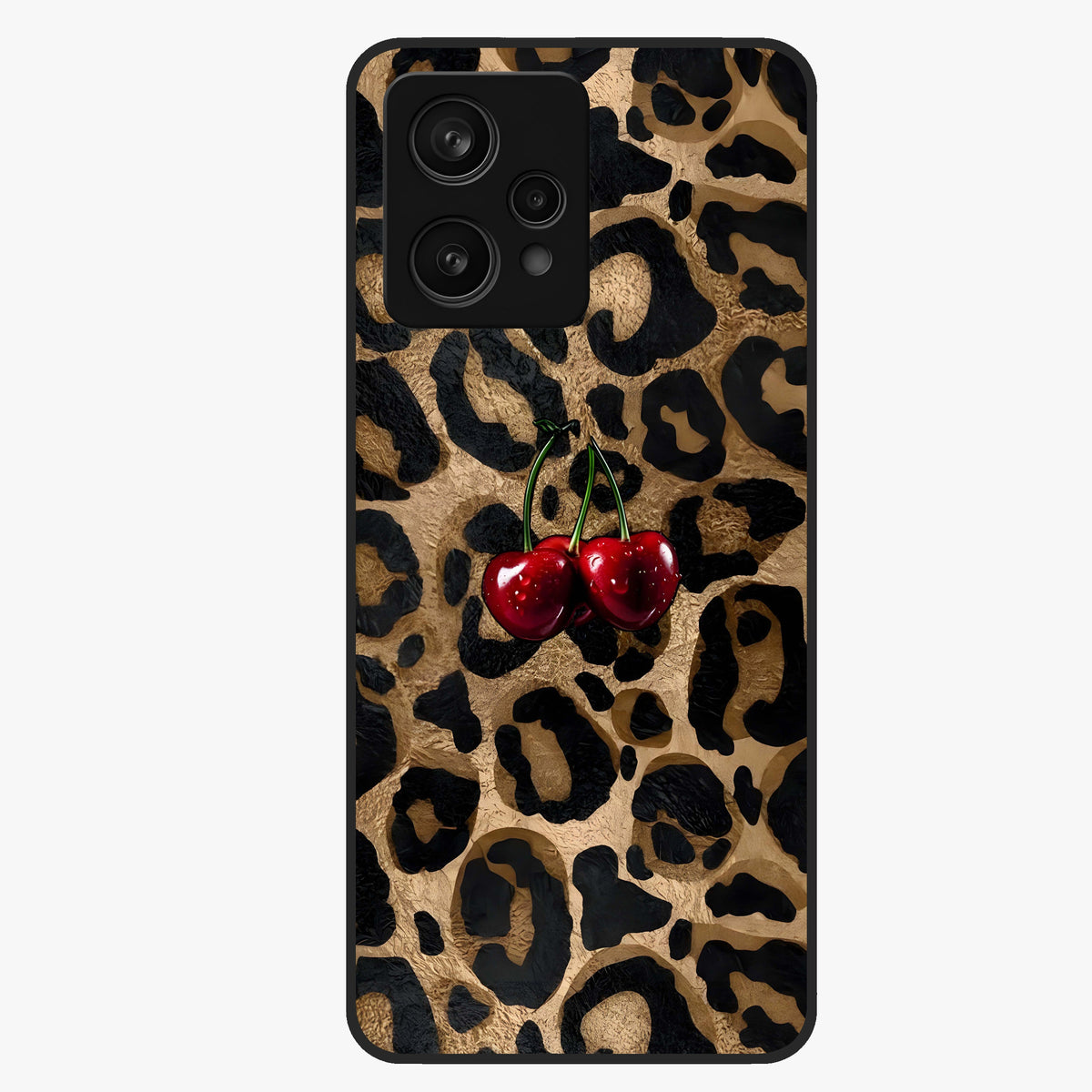 Leopard Wild Cherry Glass Case showing flat back view with leopard pattern and cherry artwork and glossy glass finish.