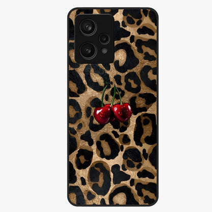Leopard Wild Cherry Glass Case showing flat back view with leopard pattern and cherry artwork and glossy glass finish.