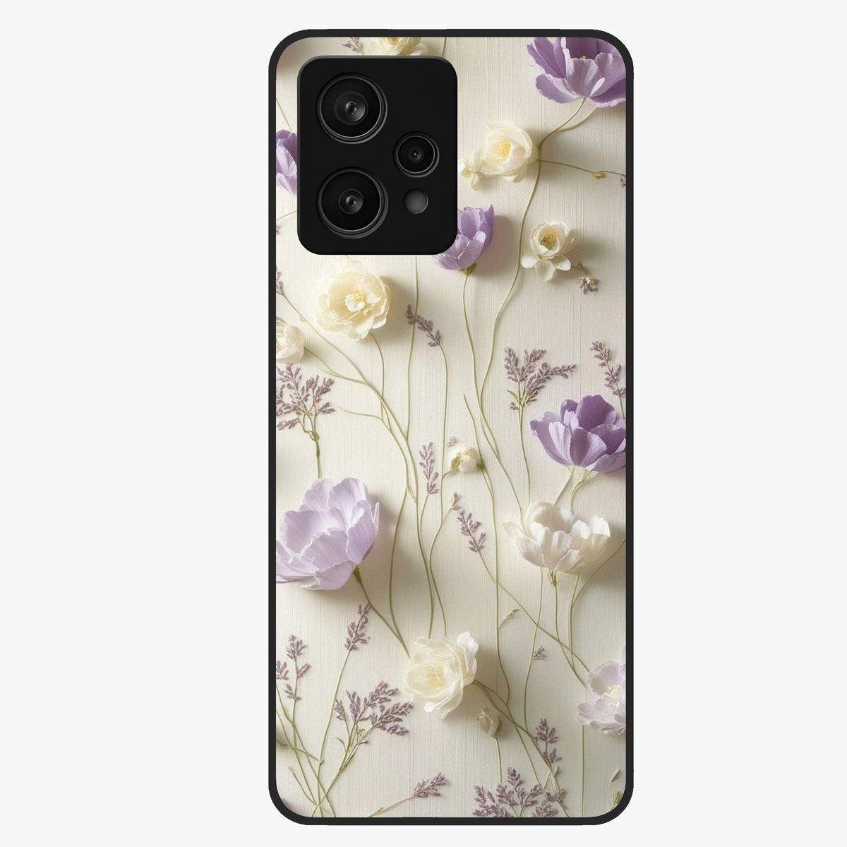Lilac Breeze Harmony Glass Case showing flat back view with soft lilac themed artwork and glossy glass finish.
