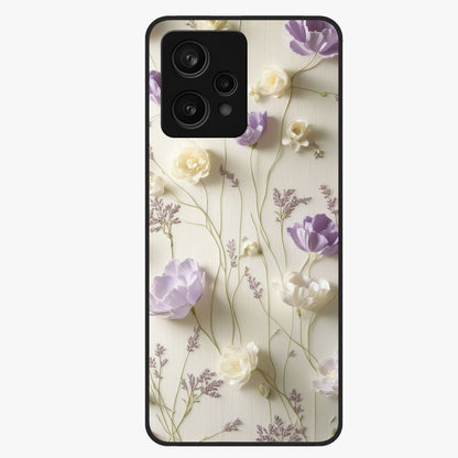 Lilac Breeze Harmony Glass Case showing flat back view with soft lilac themed artwork and glossy glass finish.
