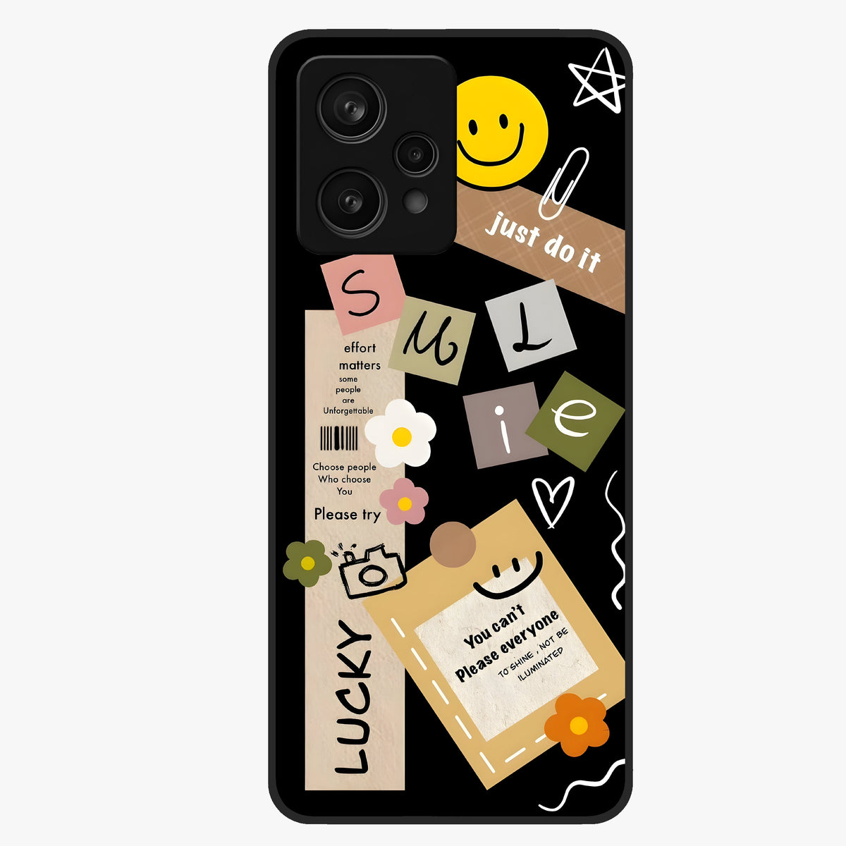 Lucky Aesthetic Collage Glass Case showing flat back view with trendy aesthetic collage artwork and glossy glass finish.