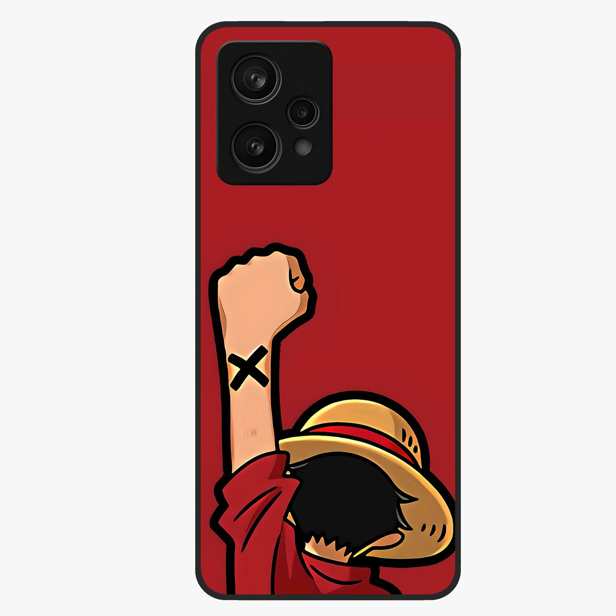 Luffy X Spirit Glass Case showing flat back view with bold anime character artwork and glossy glass finish.