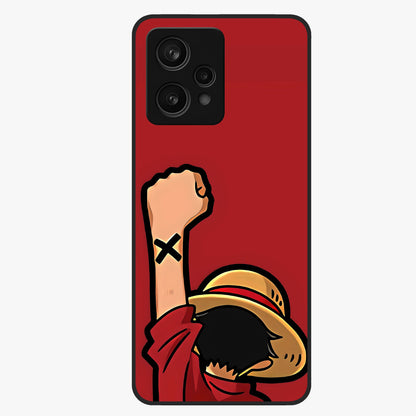 Luffy X Spirit Glass Case showing flat back view with bold anime character artwork and glossy glass finish.
