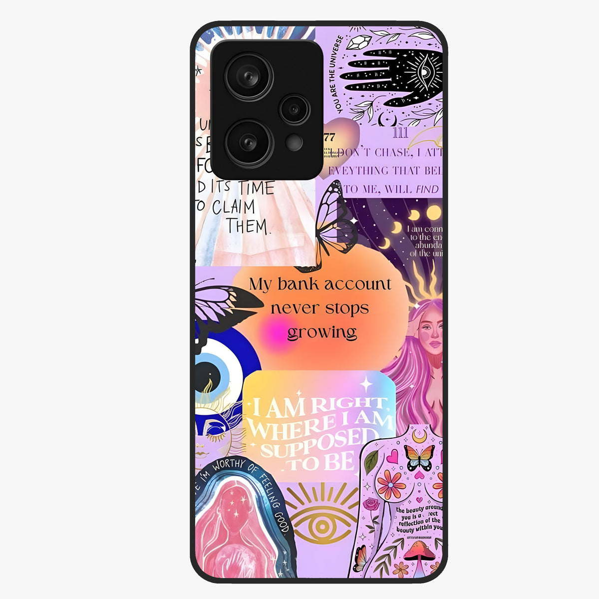 Manifestation Collage Glass Case showing flat back view with motivational collage artwork and glossy glass finish.