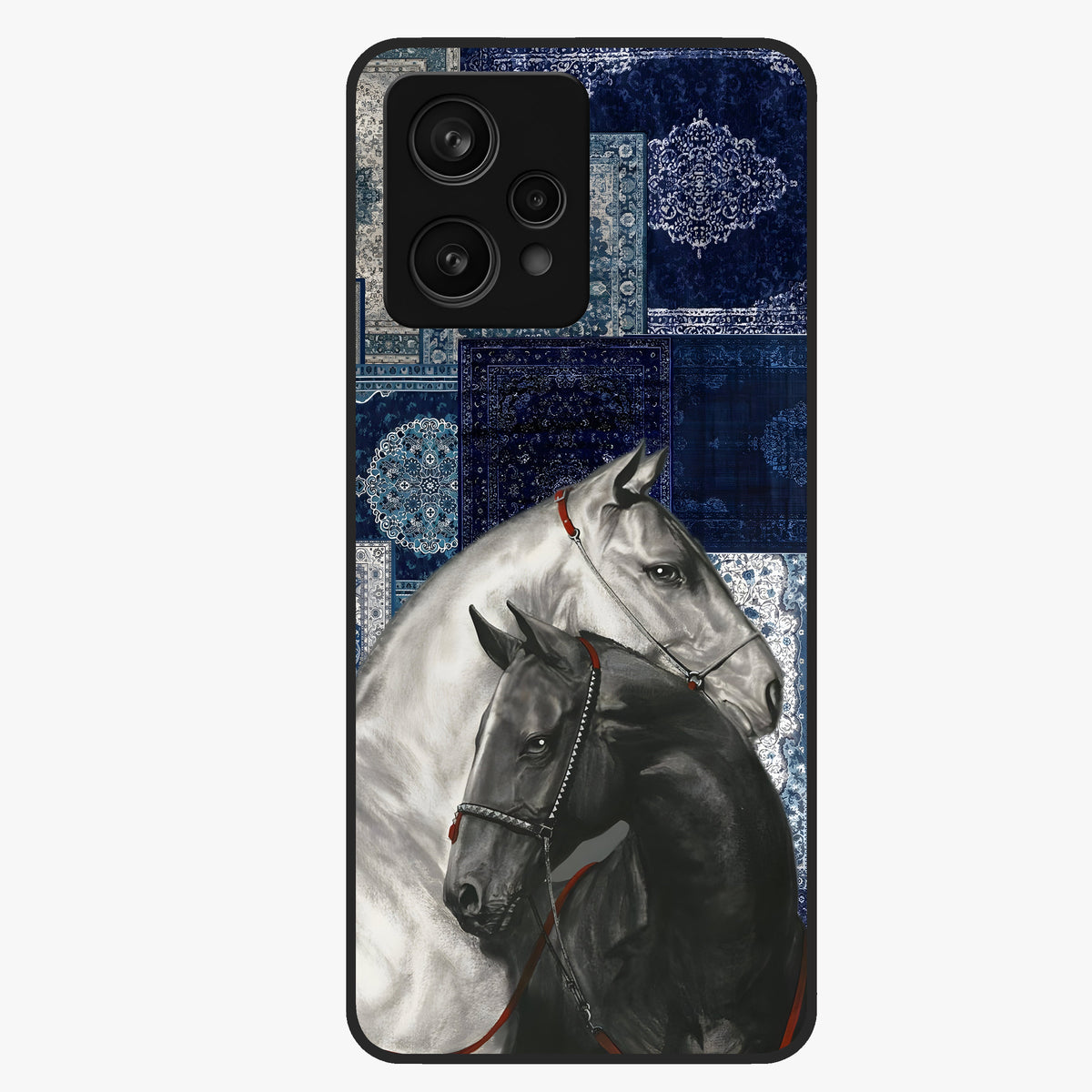 Midnight Stallion Blues Glass Case showing flat back view with majestic horse artwork and glossy glass finish.