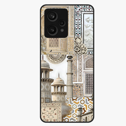 Mughal Marble Legacy Glass Case showing flat back view with intricate Mughal inspired marble pattern and glossy glass finish.