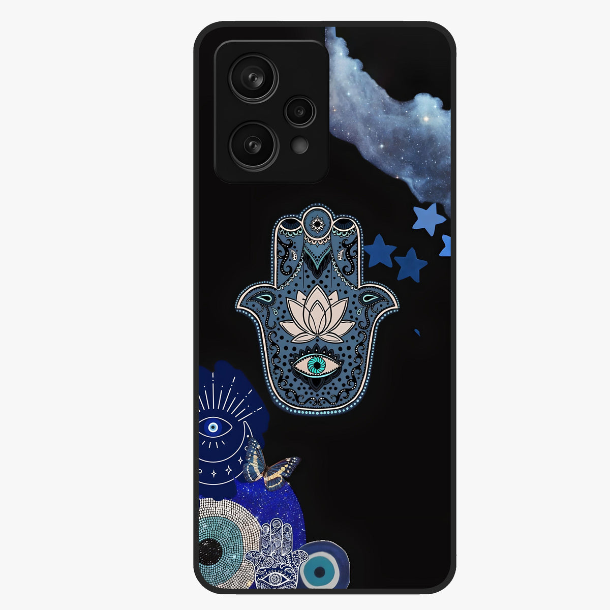 Mystic Hand Aura Glass Case showing flat back view with mystical hand symbol artwork and glossy glass finish.