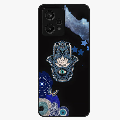 Mystic Hand Aura Glass Case showing flat back view with mystical hand symbol artwork and glossy glass finish.
