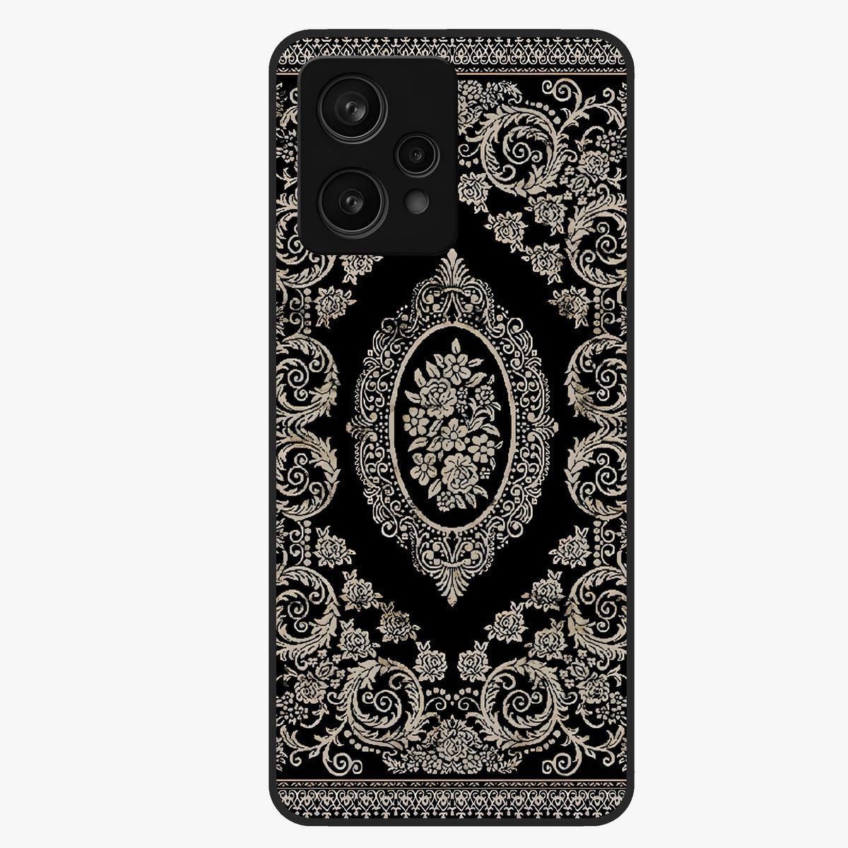 Noir Bloom Elegance Glass Case showing flat back view with elegant dark floral artwork and glossy glass finish.