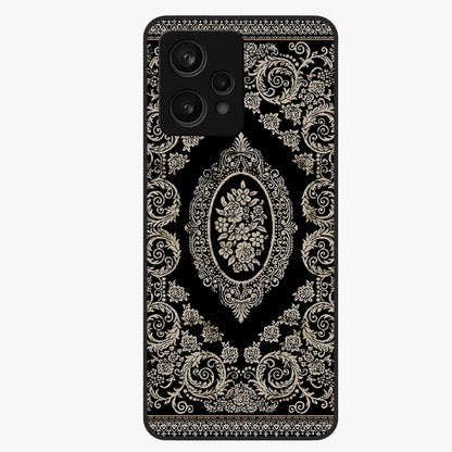 Noir Bloom Elegance Glass Case showing flat back view with elegant dark floral artwork and glossy glass finish.