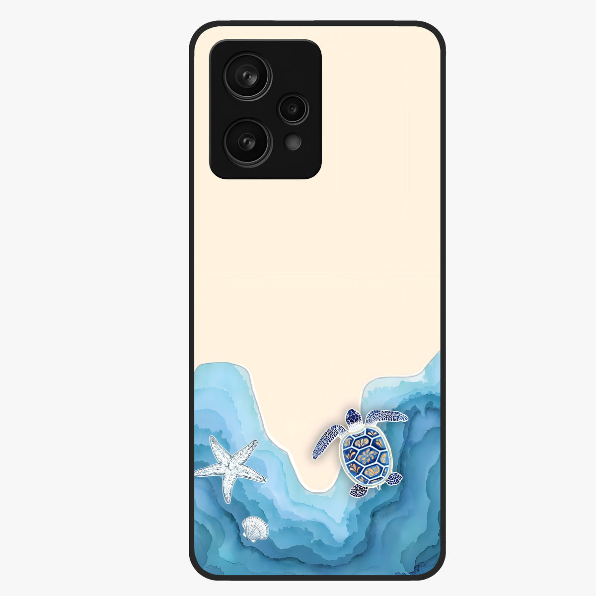 Ocean Drift Turtle Glass Case showing flat back view with sea turtle artwork and glossy glass finish.