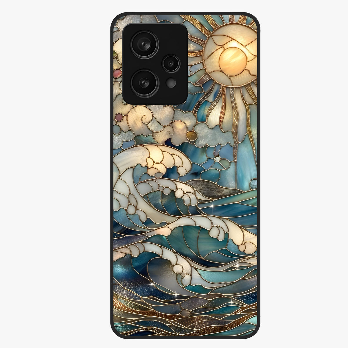 Oceanic Stained Printed Glass Case showing flat back view with ocean inspired stained pattern artwork and glossy glass finish.