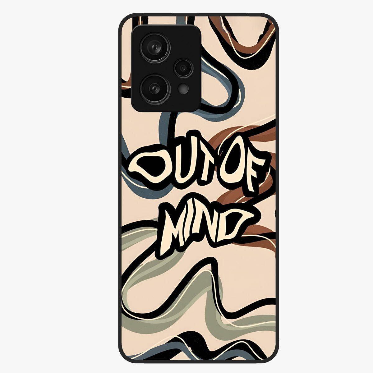 Out Of Mind Glass Case showing flat back view with expressive typography artwork and glossy glass finish.