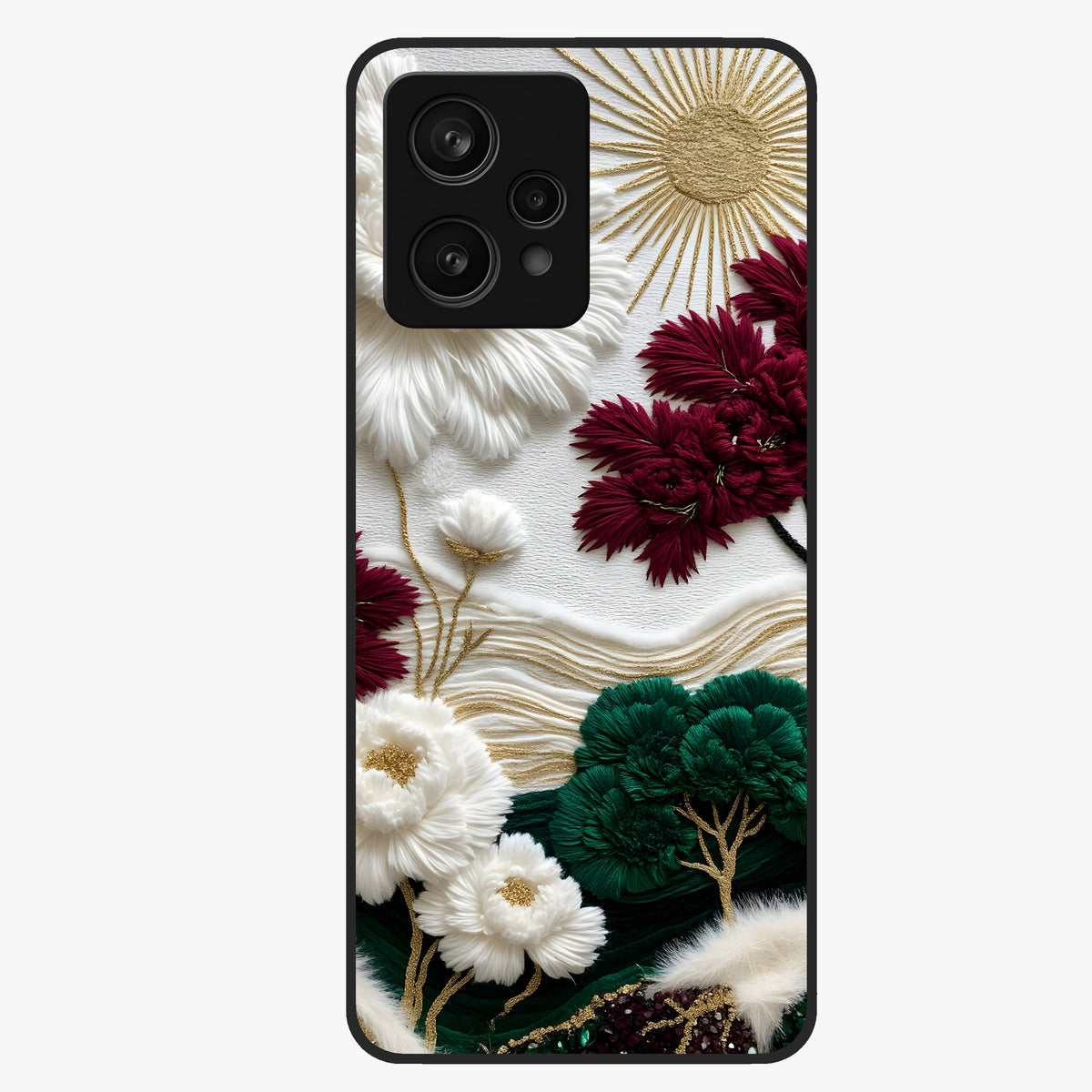 Radiant Bloom Elegance Glass Case showing flat back view with elegant blooming flower artwork and glossy glass finish.