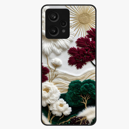 Radiant Bloom Elegance Glass Case showing flat back view with elegant blooming flower artwork and glossy glass finish.