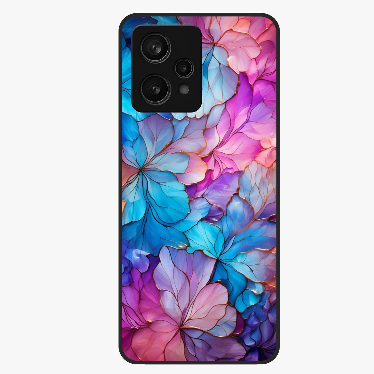 Radiant Floral Whirl Glass Case showing flat back view with swirling floral artwork and glossy glass finish.