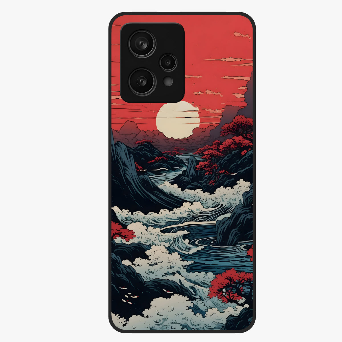 Red Sunset Scenery Glass Case showing flat back view with vibrant sunset landscape artwork and glossy glass finish.