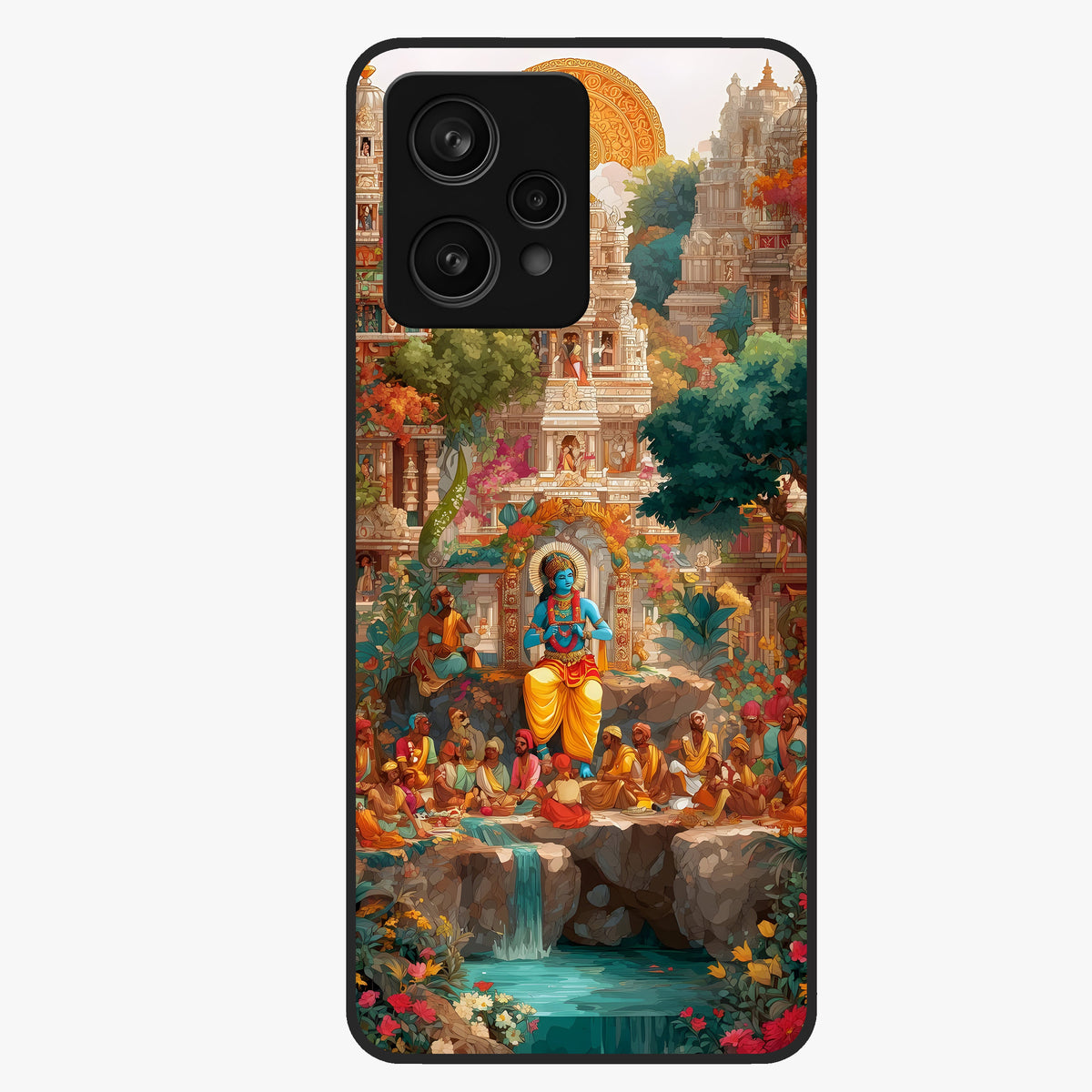 Sacred Sunlight Gods Glass Case showing flat back view with divine sunlight themed artwork and glossy glass finish.