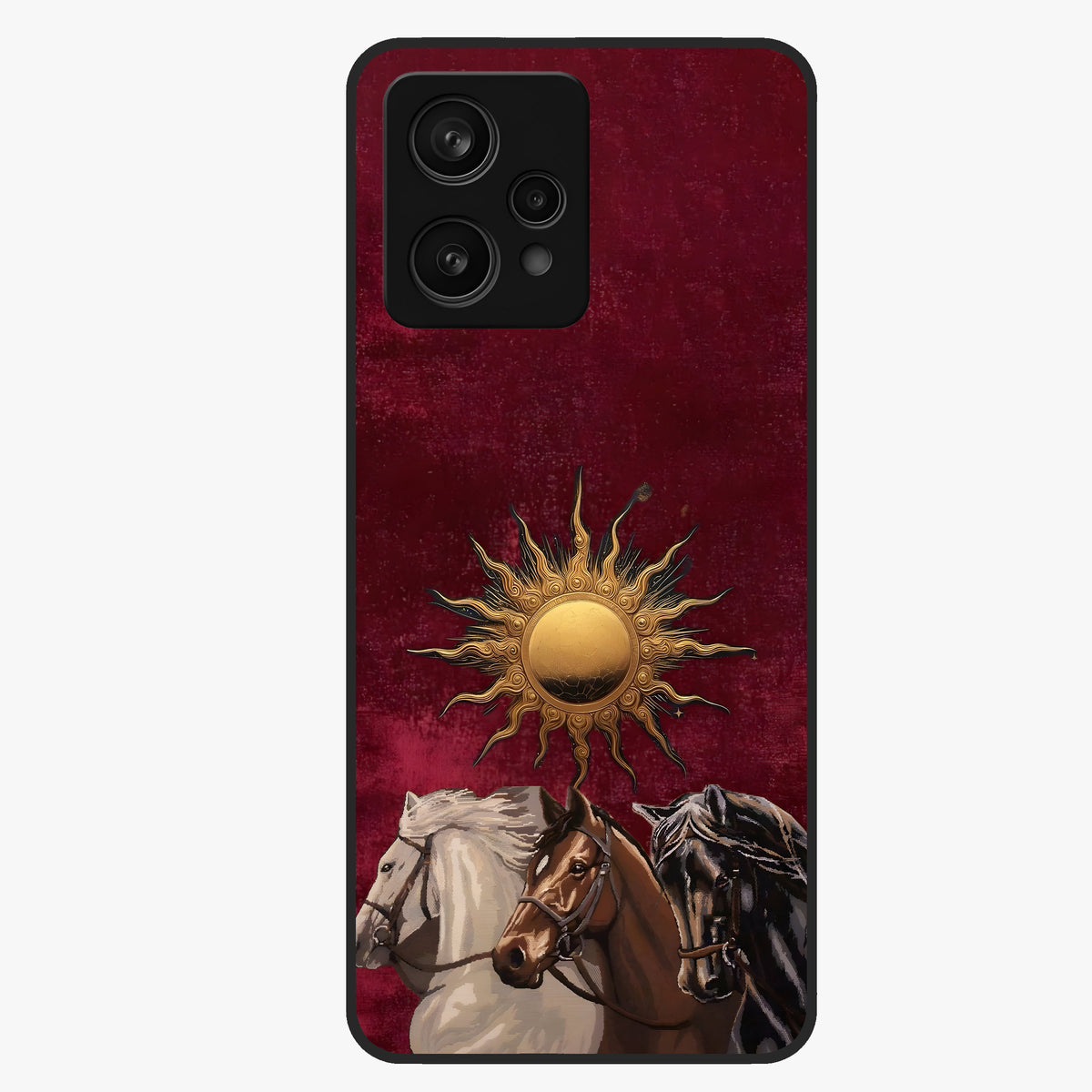 Solar Riders Glass Case showing flat back view with dynamic rider themed artwork and glossy glass finish.