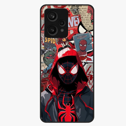 Spider Collage Street Glass Case showing flat back view with vibrant superhero collage artwork and glossy glass finish.