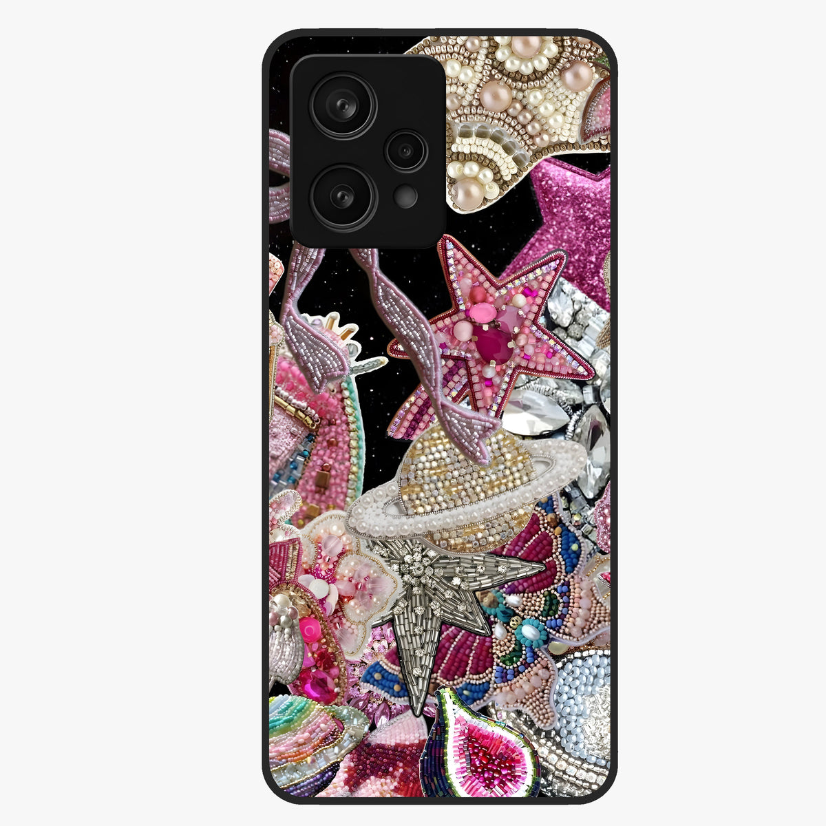 Starlit Jewel Dream Glass Case showing flat back view with sparkling jewel and star themed artwork and glossy glass finish.