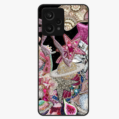 Starlit Jewel Dream Glass Case showing flat back view with sparkling jewel and star themed artwork and glossy glass finish.