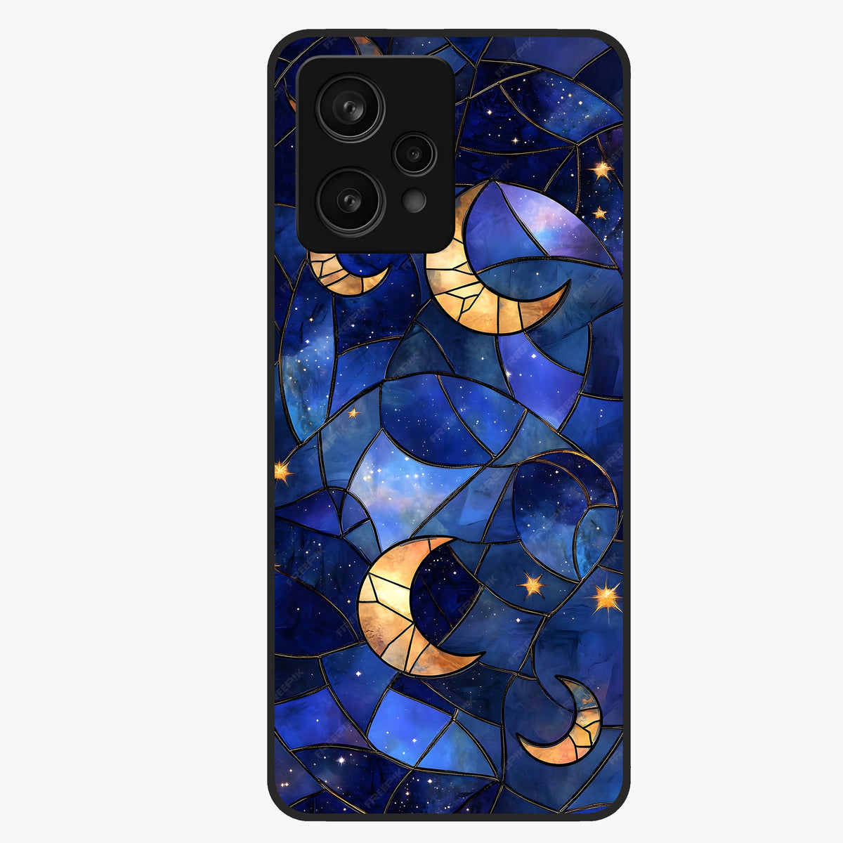 Starlit Sky Tapestry Glass Case showing flat back view with decorative starry sky tapestry artwork and glossy glass finish.