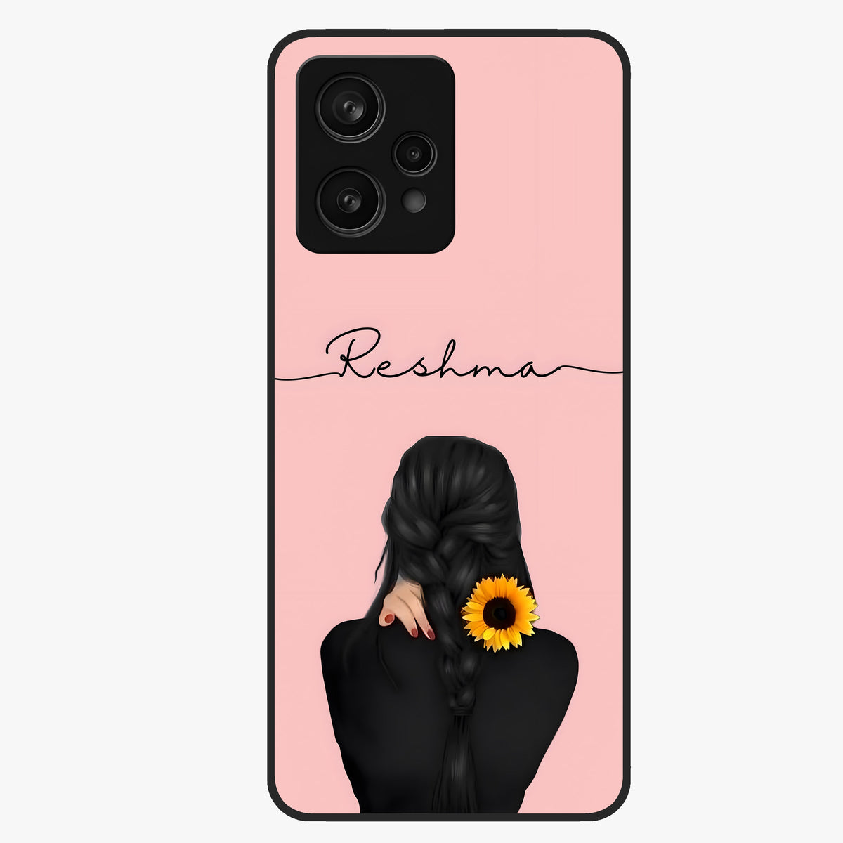 Sunflower Braid Beauty With Custom Name Glass Case showing flat back view with sunflower braid artwork and personalized name design.