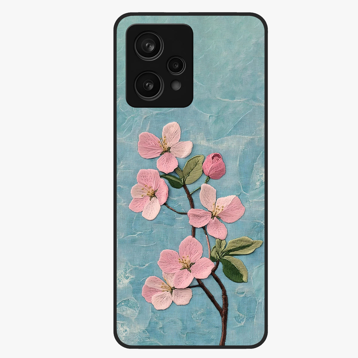 Threaded Blossom Breeze Glass Case showing flat back view with delicate blossom artwork and glossy glass finish.