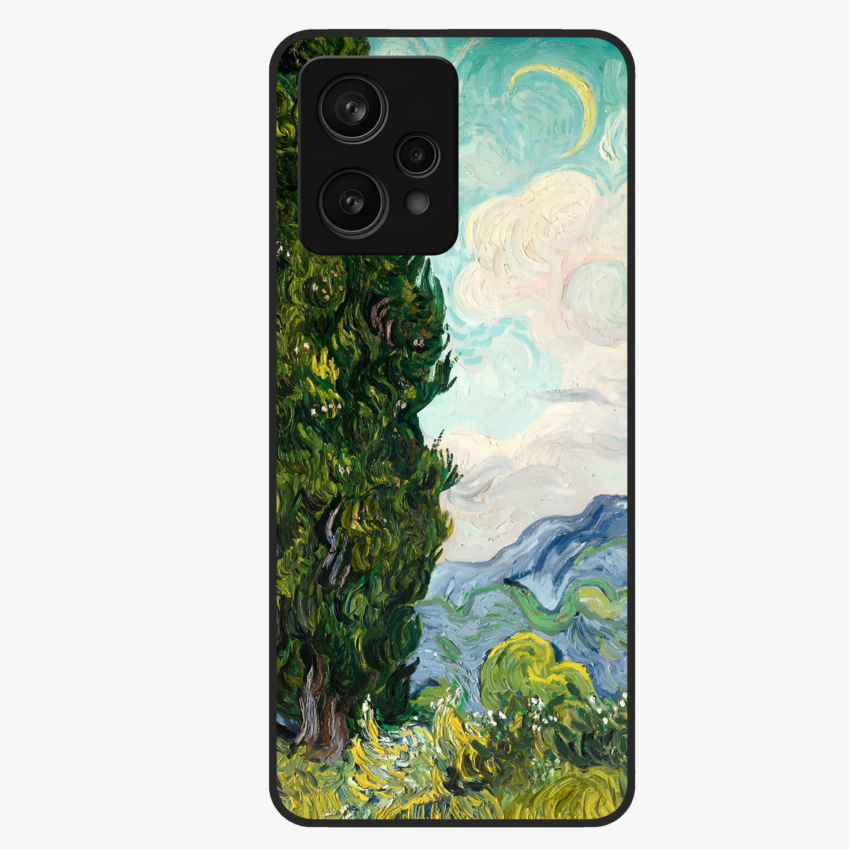 Van Gogh Vintage Art Glass Case showing flat back view with vintage painterly artwork inspired by Van Gogh style and glossy glass finish.