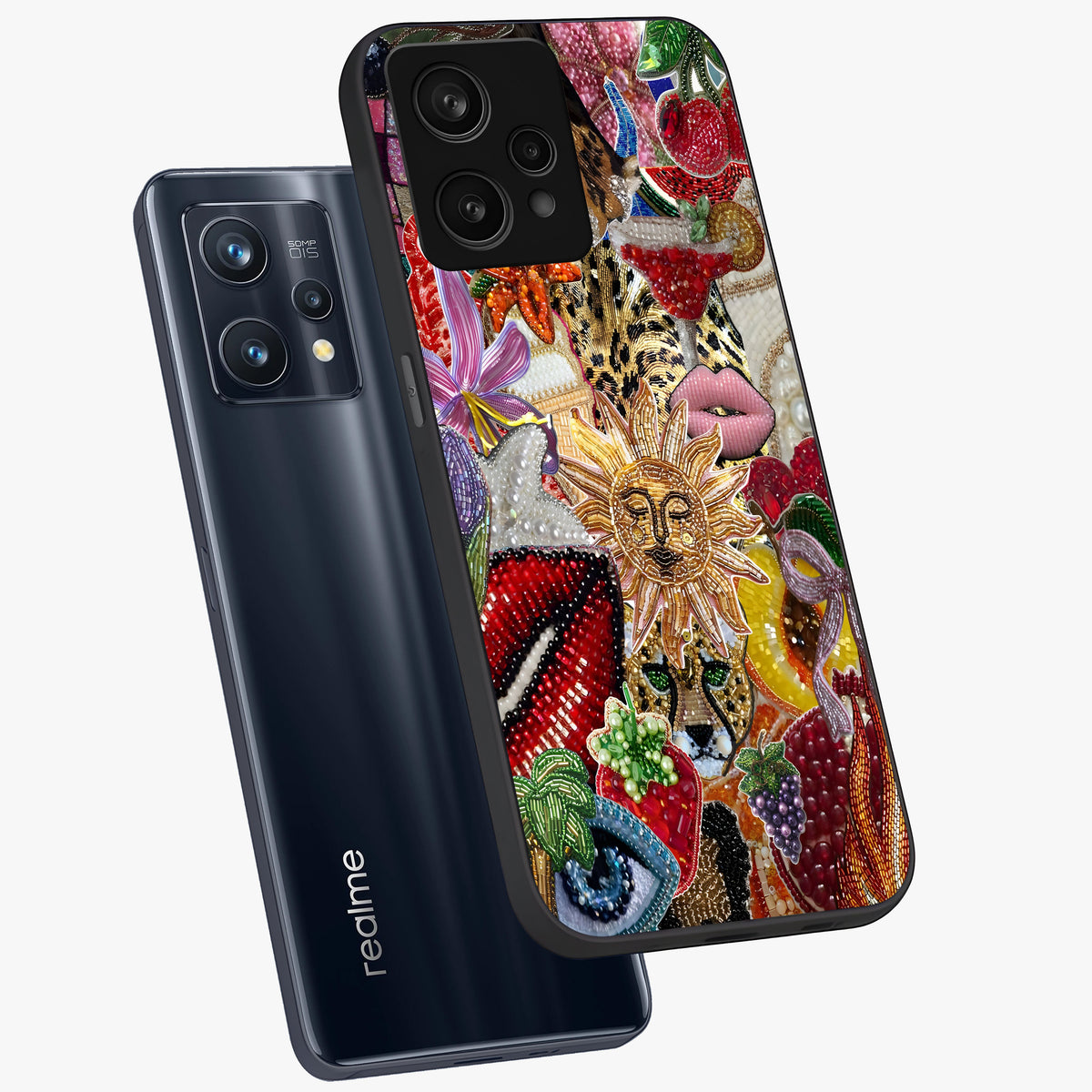Beaded Fashion Jungle Glass Case displayed in angled mockup highlighting colorful fashion bead design and artistic pattern.