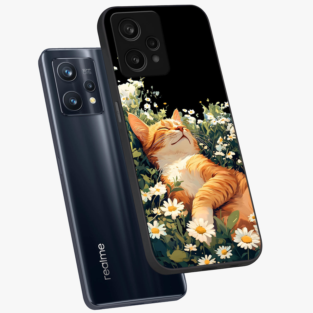 Blissful Bloom Cat Glass Case displayed in angled mockup highlighting playful feline illustration with soft floral aesthetic.