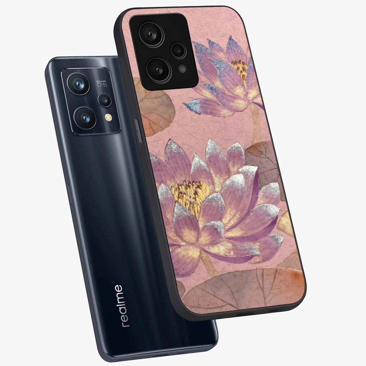 Blossom Mist Lotus Glass Case displayed in angled mockup highlighting delicate lotus illustration with calm aesthetic theme.