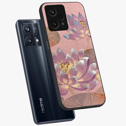Blossom Mist Lotus Glass Case displayed in angled mockup highlighting delicate lotus illustration with calm aesthetic theme.