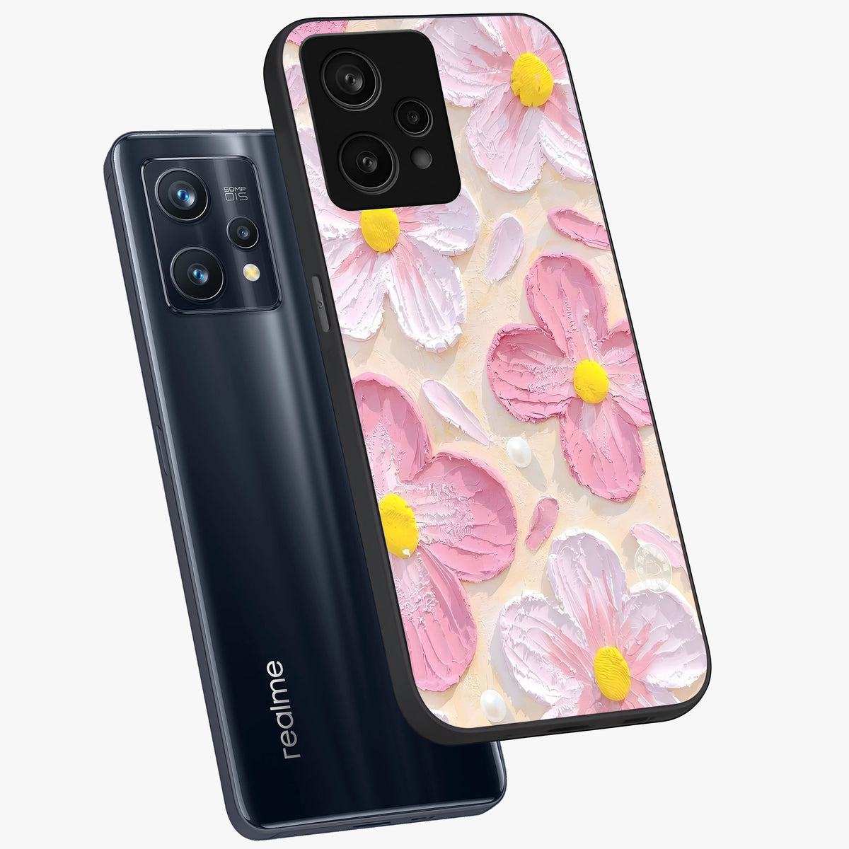 Blush Bloom Texture Glass Case displayed in angled mockup highlighting subtle bloom pattern with aesthetic pastel design.