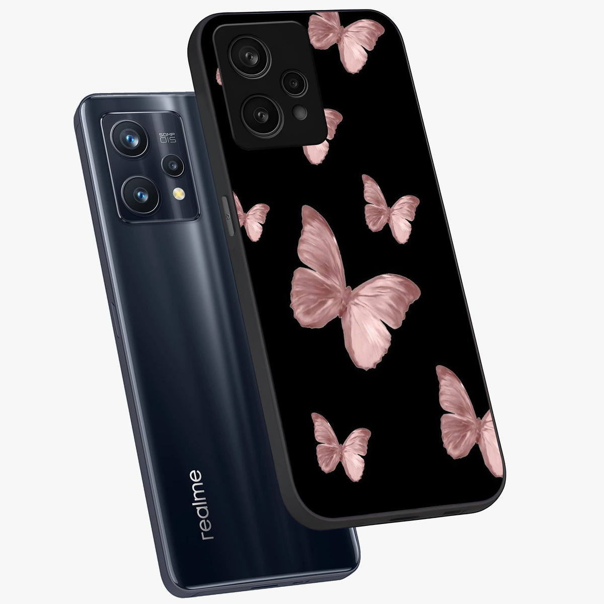 Butterfly Pattern Glass Case displayed in angled mockup highlighting delicate butterfly design and aesthetic pattern style.