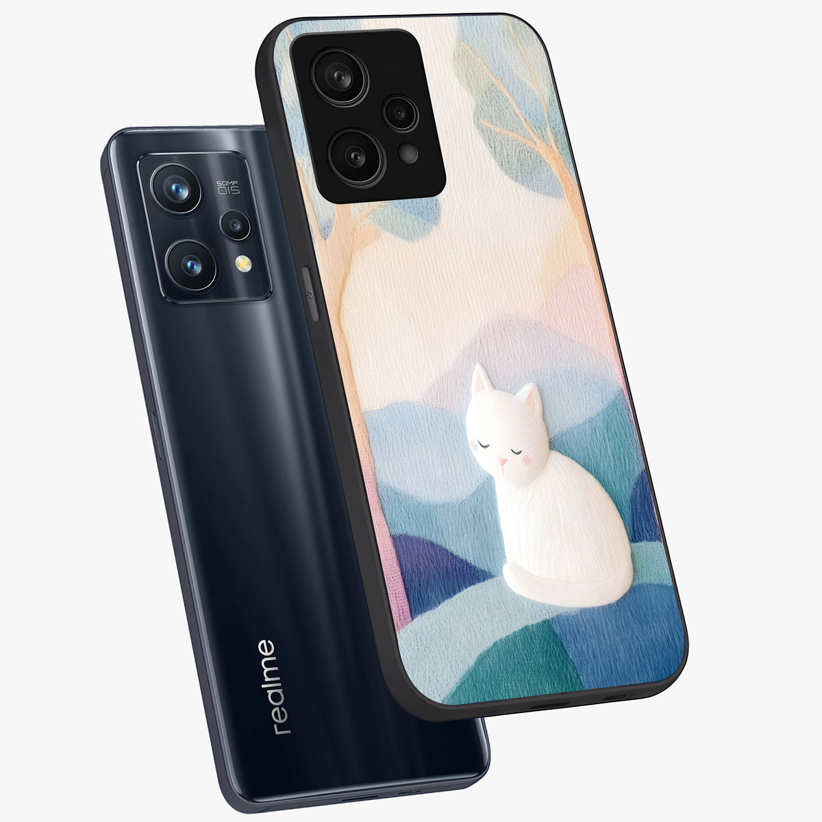 Cotton Dream Cat Glass Case displayed in angled mockup highlighting cute feline illustration with pastel aesthetic style.