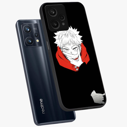 Crimson Chaos Smile Glass Case displayed in angled mockup highlighting edgy crimson smile design with graphic aesthetic.