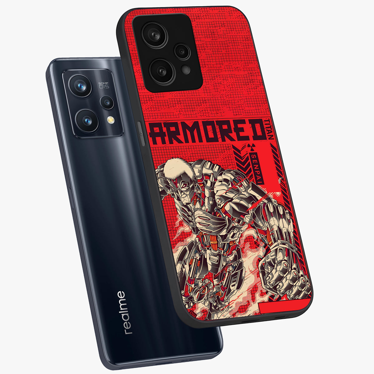 Crimson Mecha Titan Glass Case displayed in angled mockup highlighting futuristic mech illustration with bold crimson aesthetic.