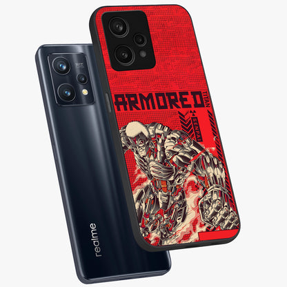Crimson Mecha Titan Glass Case displayed in angled mockup highlighting futuristic mech illustration with bold crimson aesthetic.