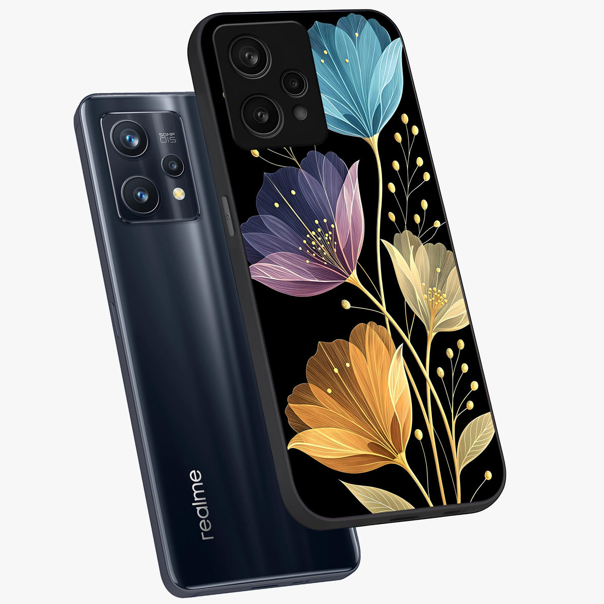 Delicate Multicolor Flowers Glass Case displayed in angled mockup highlighting colorful flower pattern with soft aesthetic style.