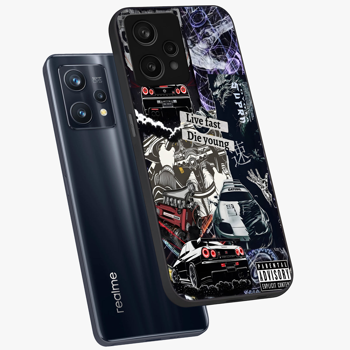 Die Young Glass Case displayed in angled mockup highlighting expressive graphic artwork with edgy aesthetic style.