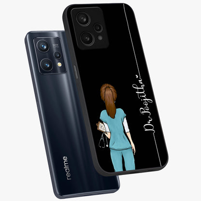 Doctor Pattern Custom Name Glass Case displayed in angled mockup highlighting doctor inspired artwork with custom name feature.