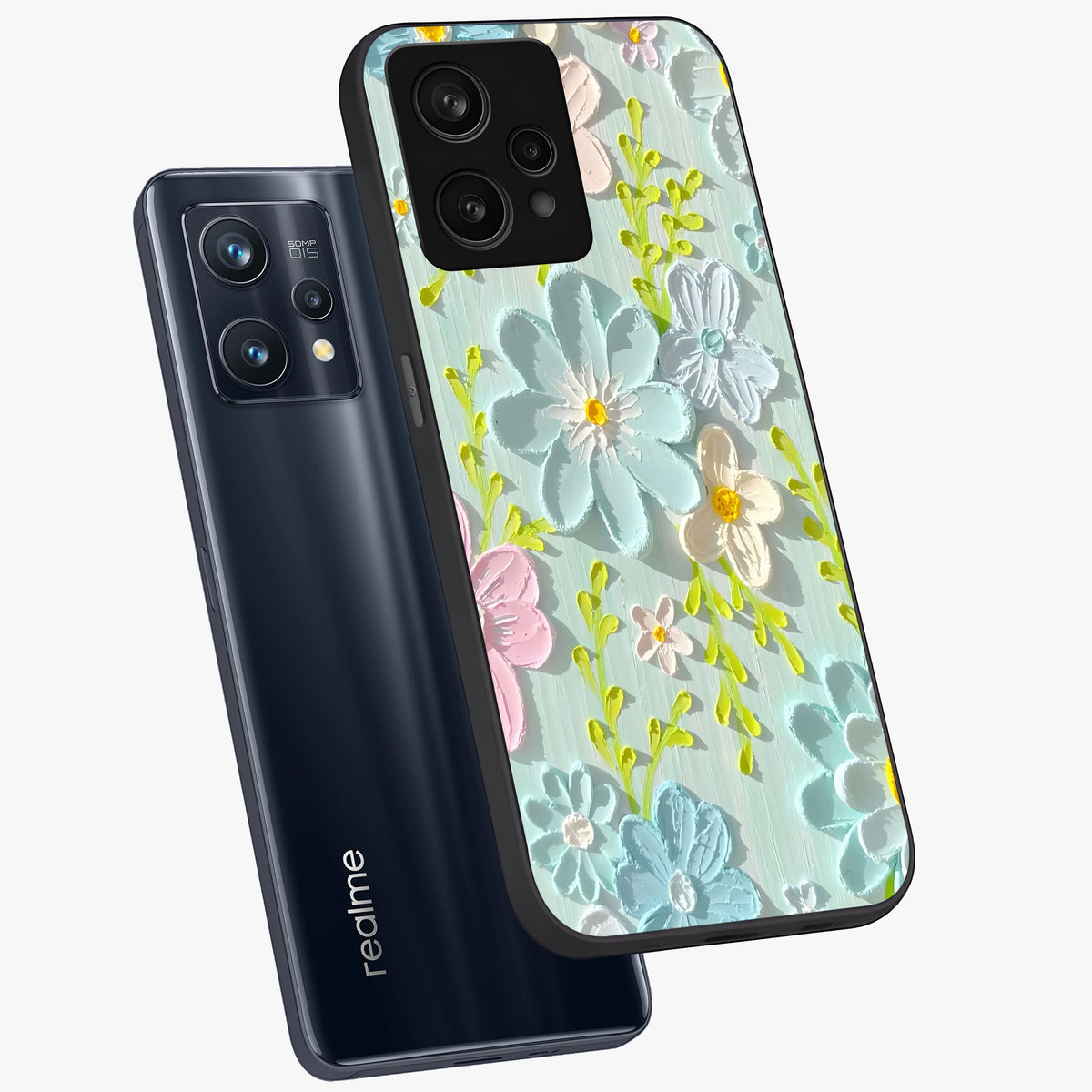 Frosted Petal Garden Glass Case displayed in angled mockup highlighting delicate flower petal design with calm garden aesthetic.