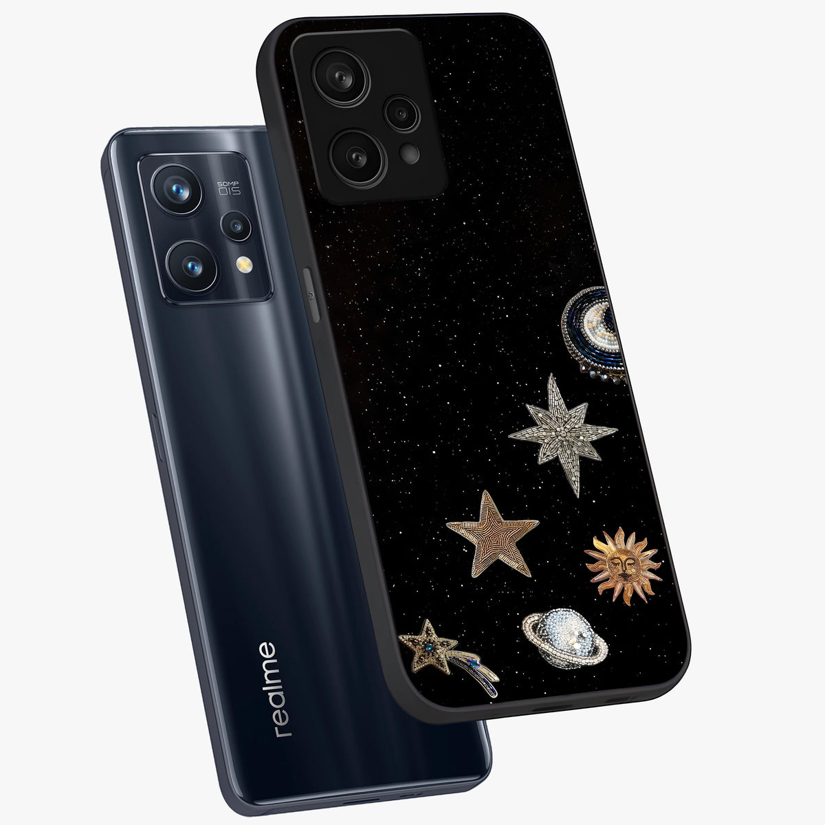 Galactic Charm Glow Glass Case displayed in angled mockup highlighting luminous galaxy inspired design with dreamy aesthetic.