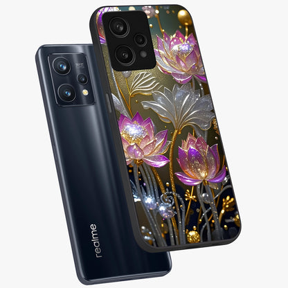 Golden Floral Majesty Glass Case displayed in angled mockup highlighting elegant flower design with royal golden aesthetic.