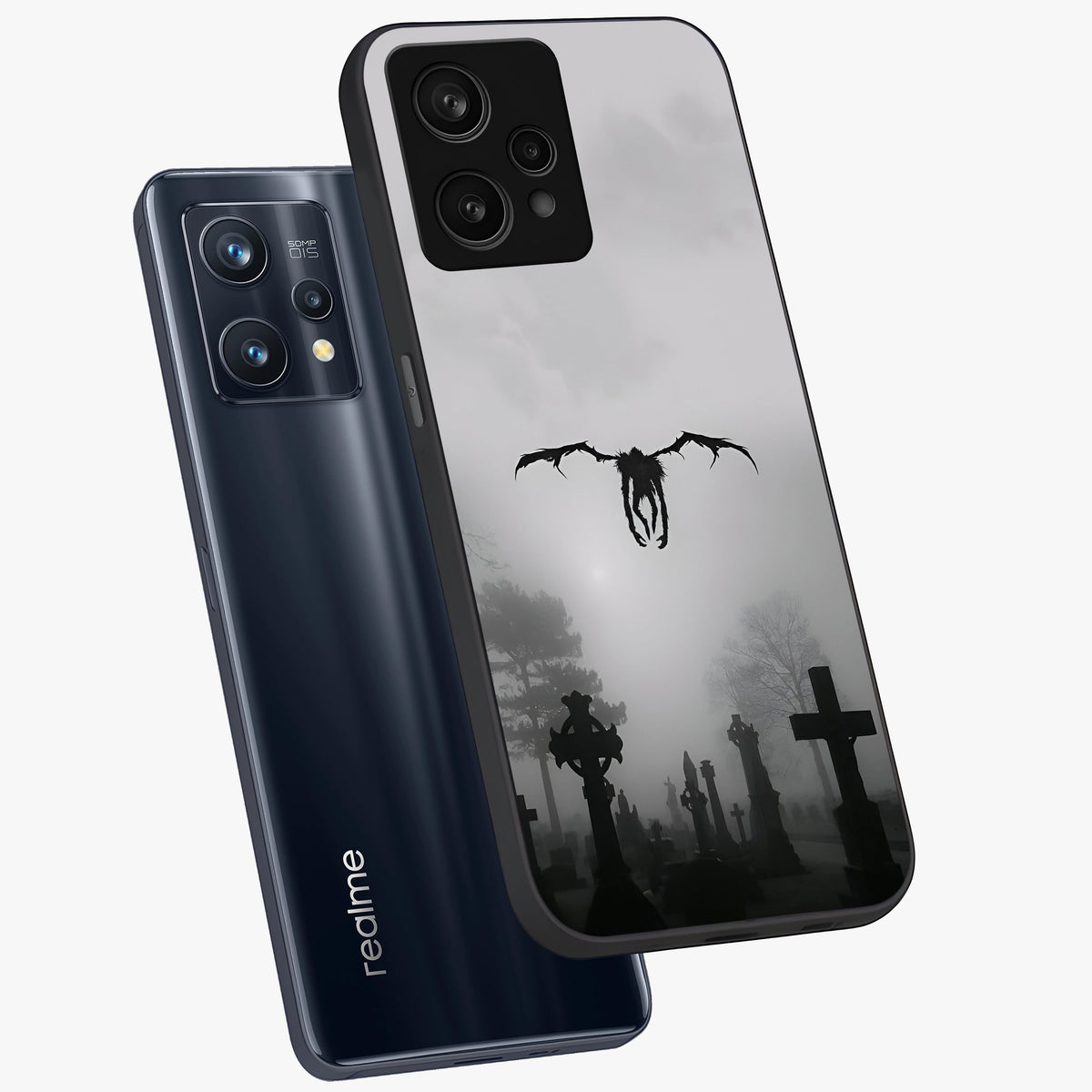Graveyard Shadow Descent Glass Case displayed in angled mockup highlighting eerie shadow illustration with gothic aesthetic.