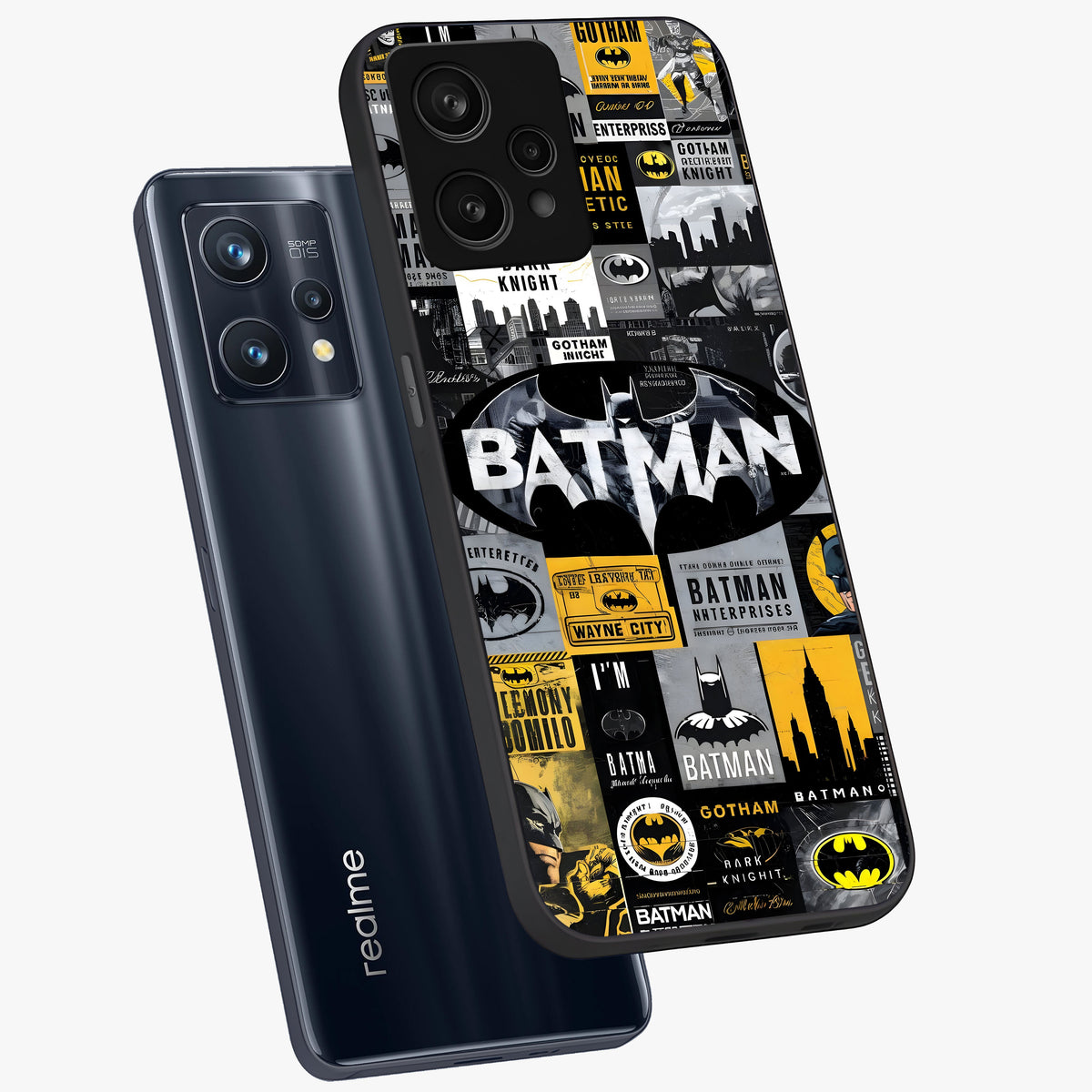 Knight Gotham Rise Glass Case displayed in angled mockup highlighting powerful knight silhouette design with dramatic aesthetic.