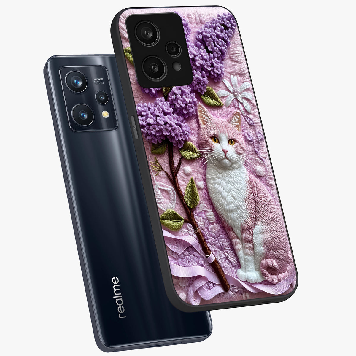 Lavender Cat Whimsy Glass Case displayed in angled mockup highlighting playful feline illustration with pastel lavender aesthetic.